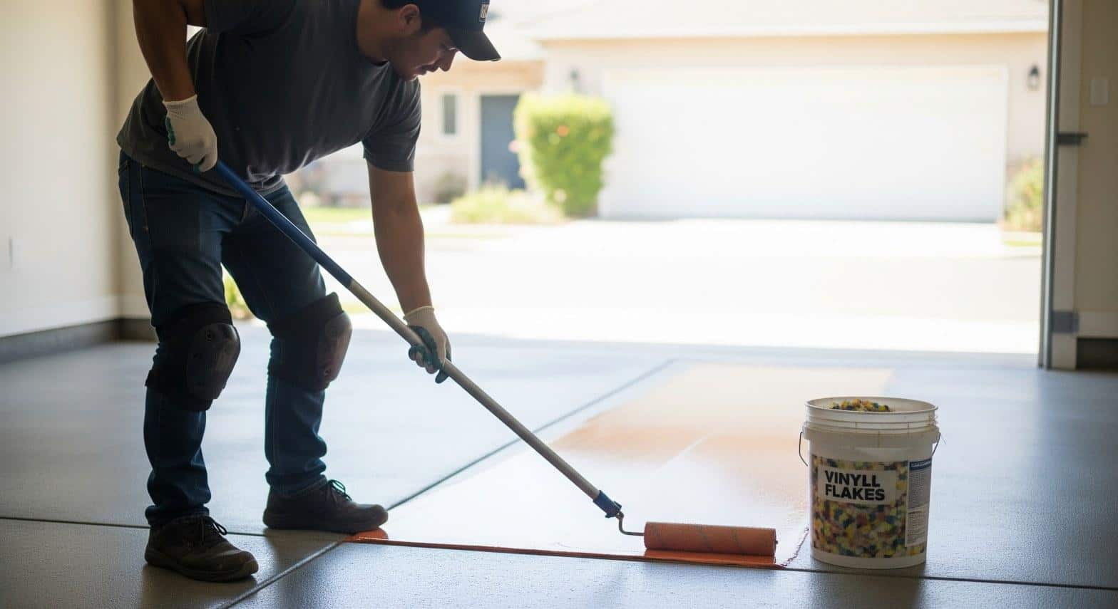 Epoxy flooring installer applying chip and flake epoxy base coat in a Northridge CA garage