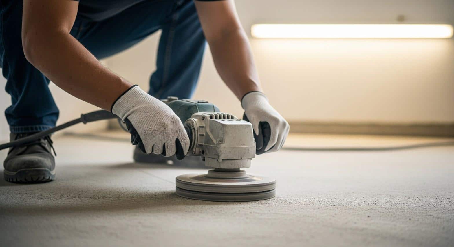 Worker using diamond floor grinder for surface preparation before epoxy coating in Northridge CA