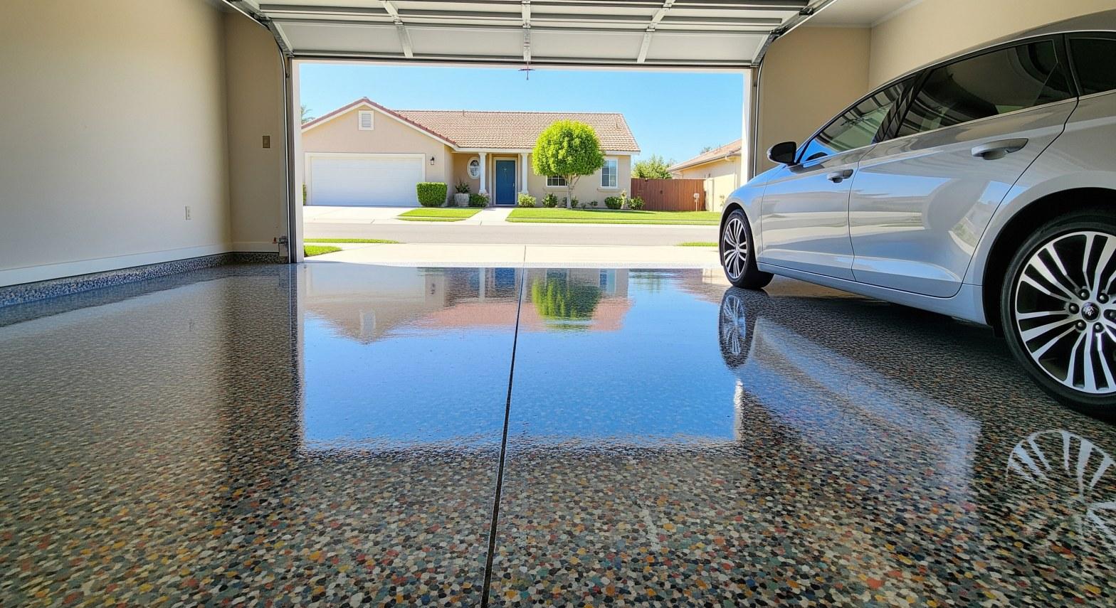Finished chip and flake epoxy floor with glossy topcoat in a Northridge CA garage