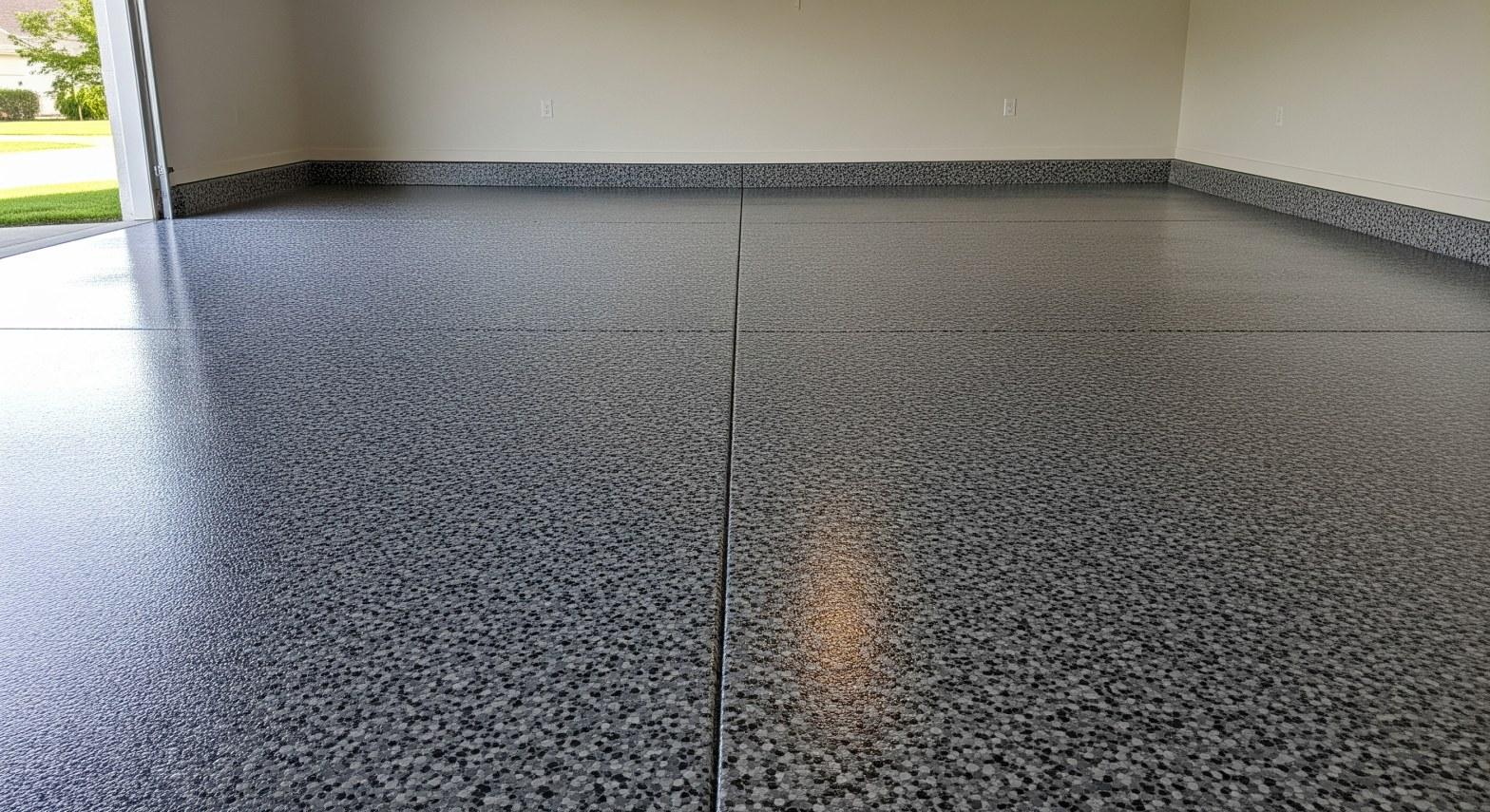 Completed chip and flake epoxy garage floor with grey and black vinyl flake broadcast in Northridge CA