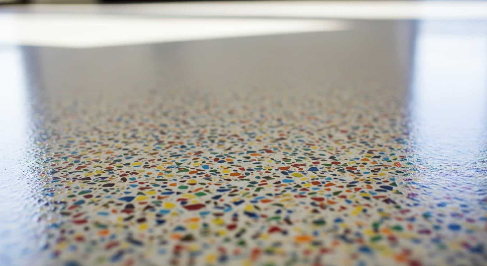 Close-up of vinyl chip flake pattern sealed under clear epoxy topcoat on a garage floor in Northridge CA