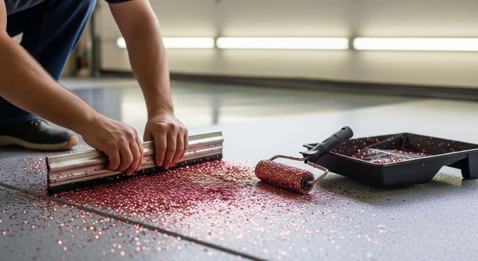 Technician broadcasting decorative color flakes onto a fresh epoxy base coat in a Northridge, CA garage floor coating installation