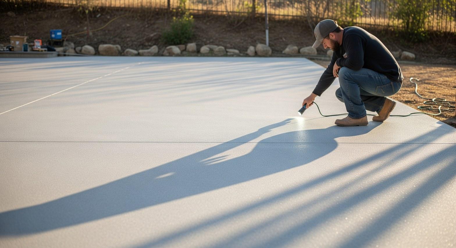 Contractor inspecting a finished polyaspartic concrete coating on a Northridge, CA outdoor patio in afternoon sunlight