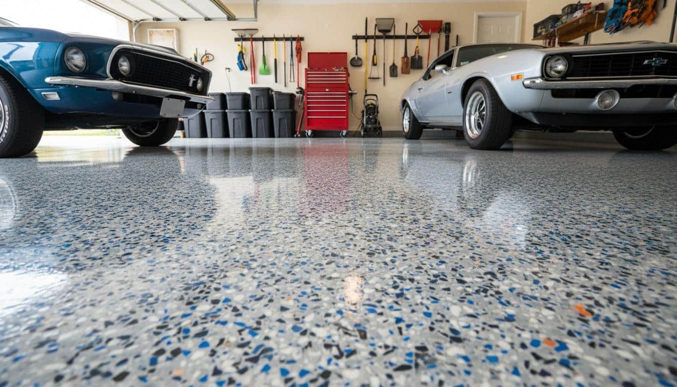 Finished vinyl flake epoxy garage floor with high-gloss polyaspartic topcoat in a Southern California home