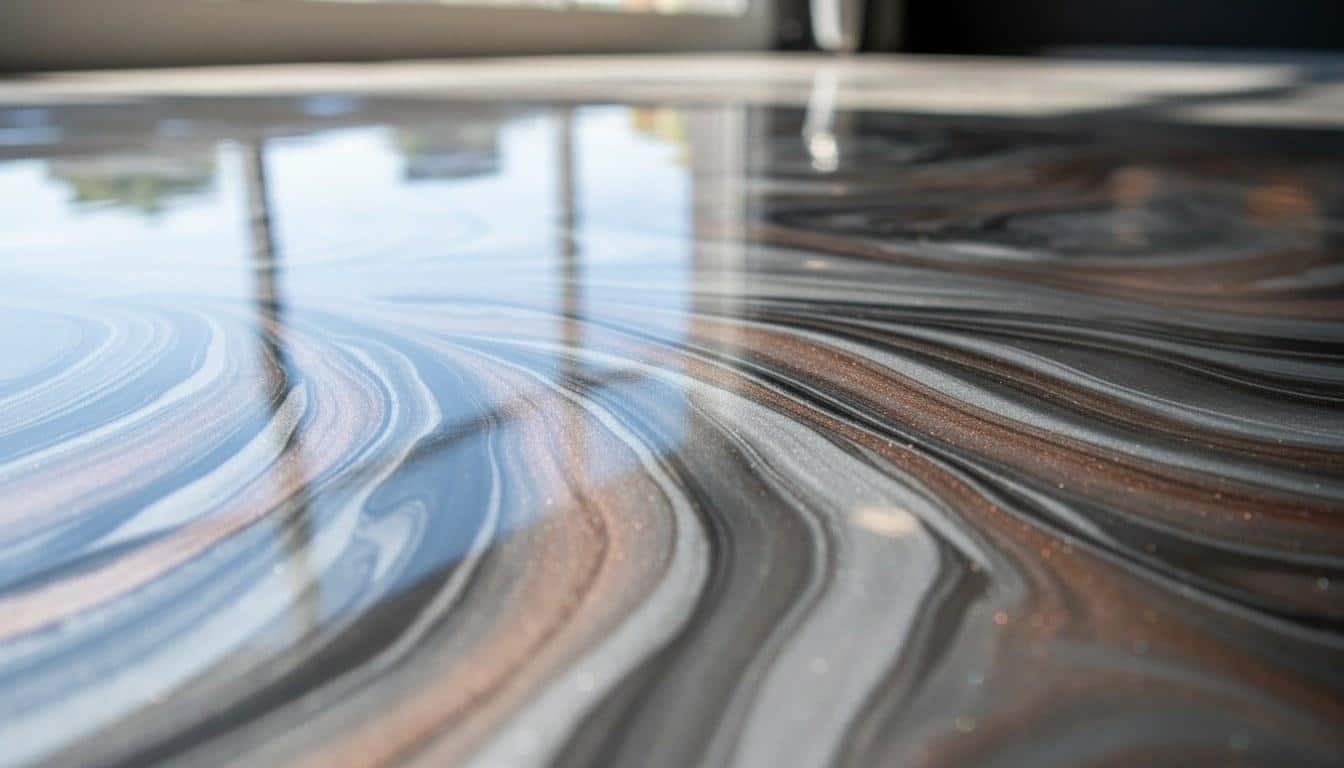 Close-up of metallic epoxy floor coating with swirling pigment pattern in a California commercial space