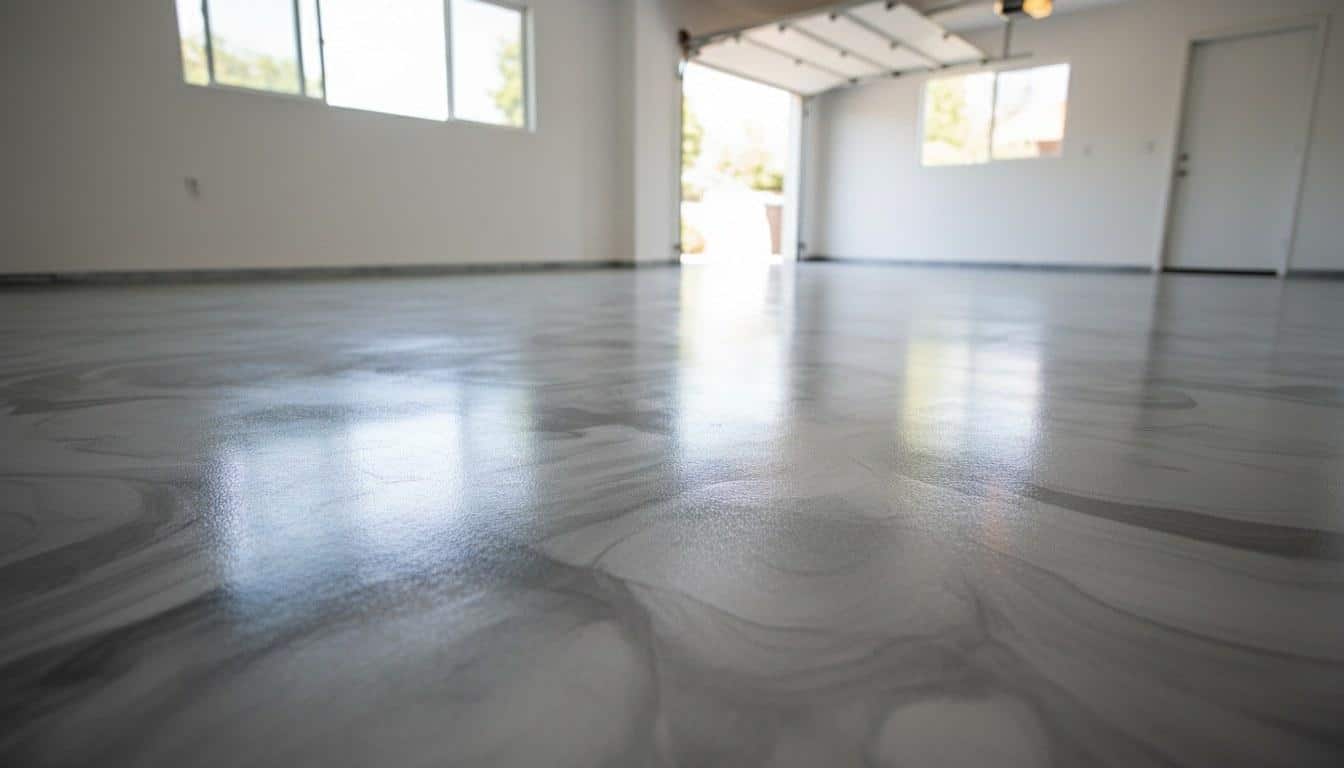 Clean high-gloss epoxy garage floor in Woodland Hills home showing maintained coating finish