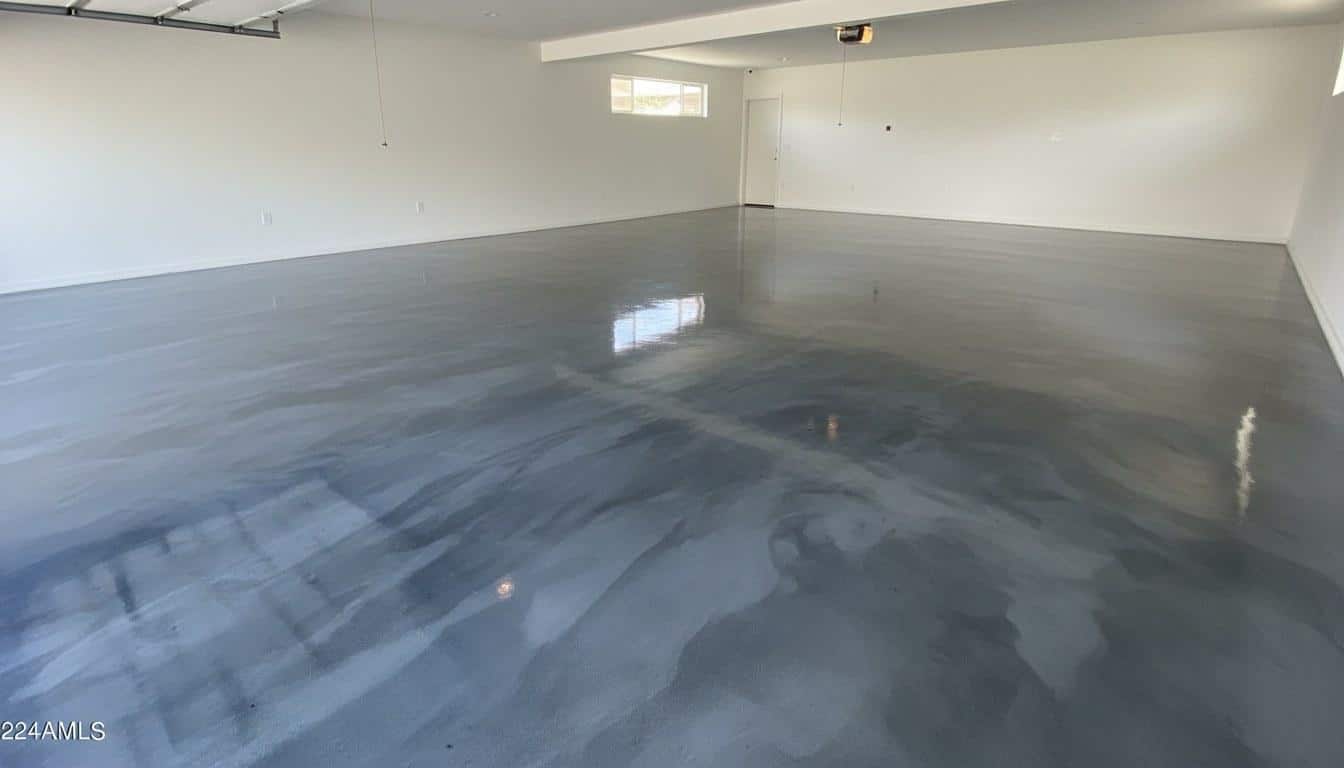 Minor chip in epoxy floor coating near garage door threshold showing early warning sign in Woodland Hills home