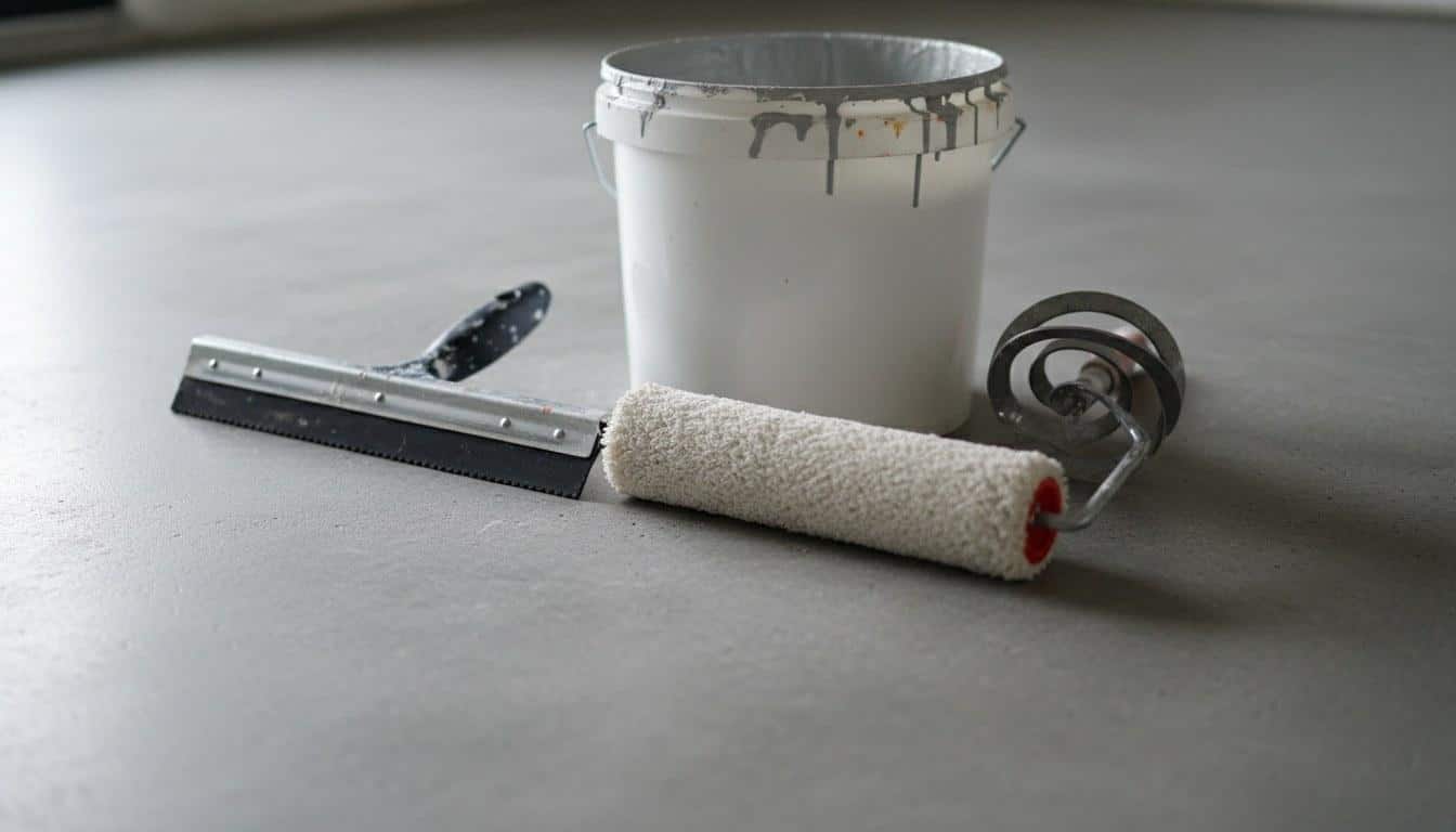 Professional epoxy coating application tools including squeegee roller and mixing paddle on concrete floor