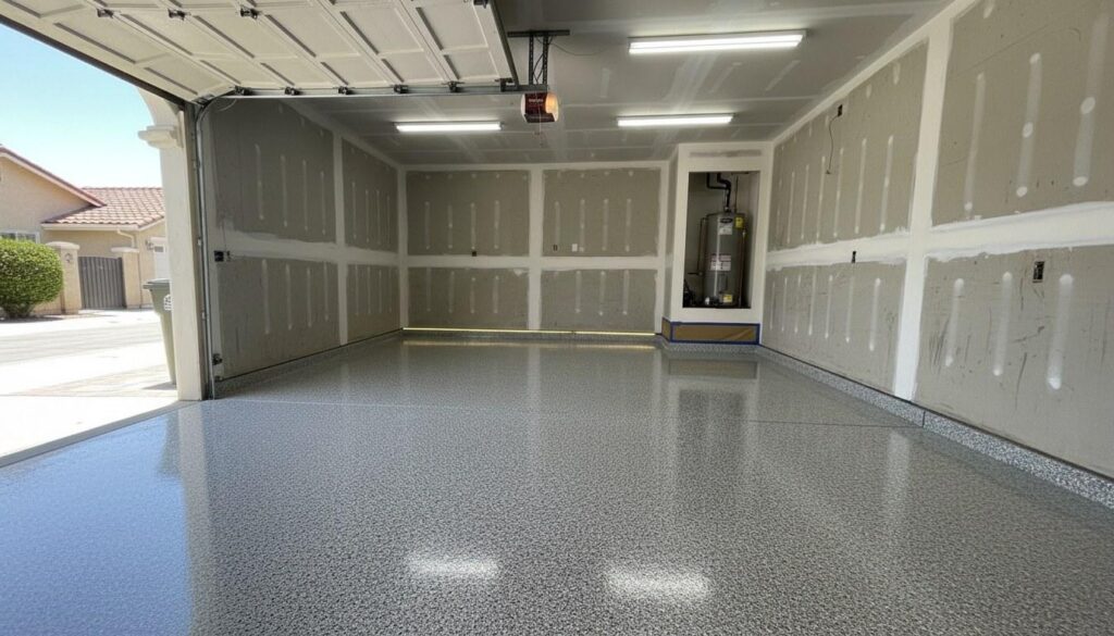 Freshly installed broadcast vinyl flake epoxy garage floor in a Southern California home