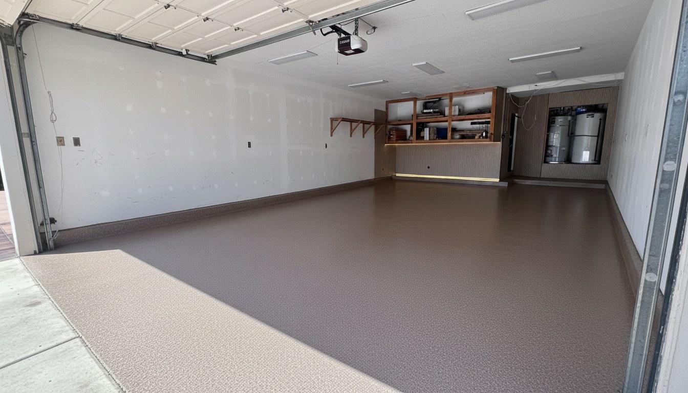 Freshly installed broadcast vinyl flake epoxy garage floor in a Southern California home