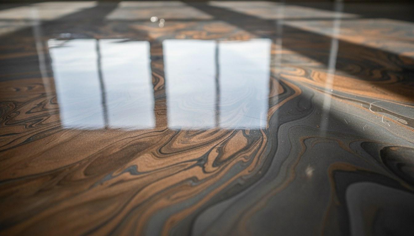 Close-up of a metallic epoxy floor finish with polyaspartic topcoat showing decorative pigment swirls