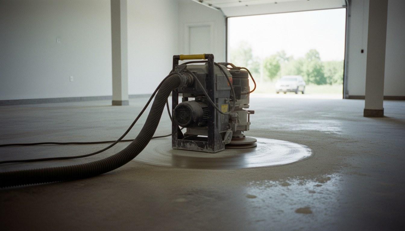 Diamond grinding equipment on bare concrete garage floor during epoxy surface preparation