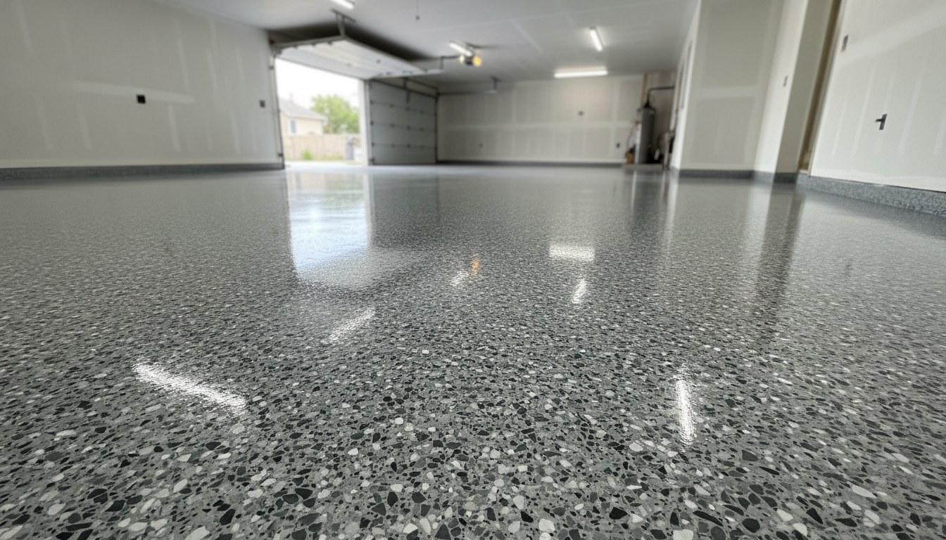 Completed chip and flake epoxy garage floor with full broadcast gray and charcoal decorative flake pattern