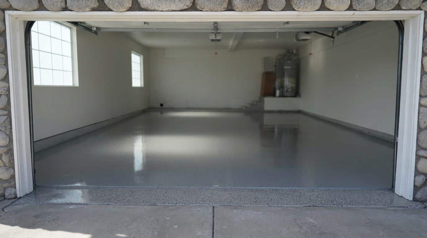 High-gloss solid epoxy garage floor coating in California residential garage