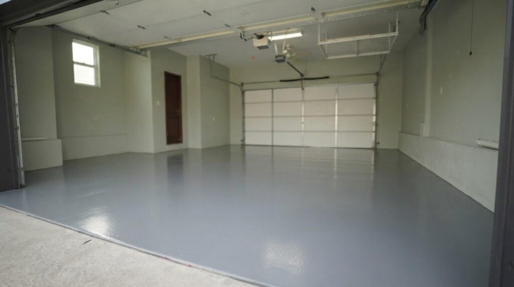 Freshly installed solid color epoxy garage floor in a California two-car garage with high-gloss finish
