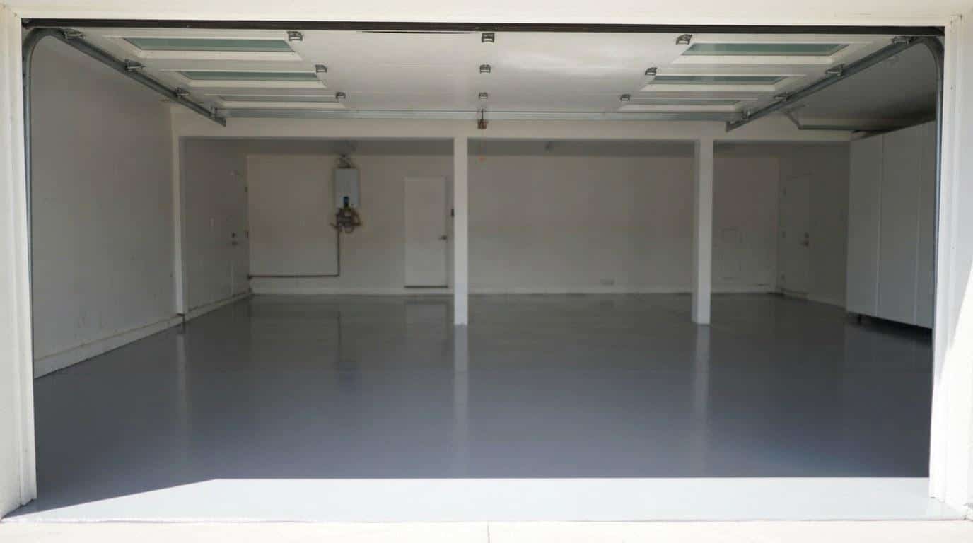 Freshly installed solid color epoxy garage floor in a California two-car garage with high-gloss finish
