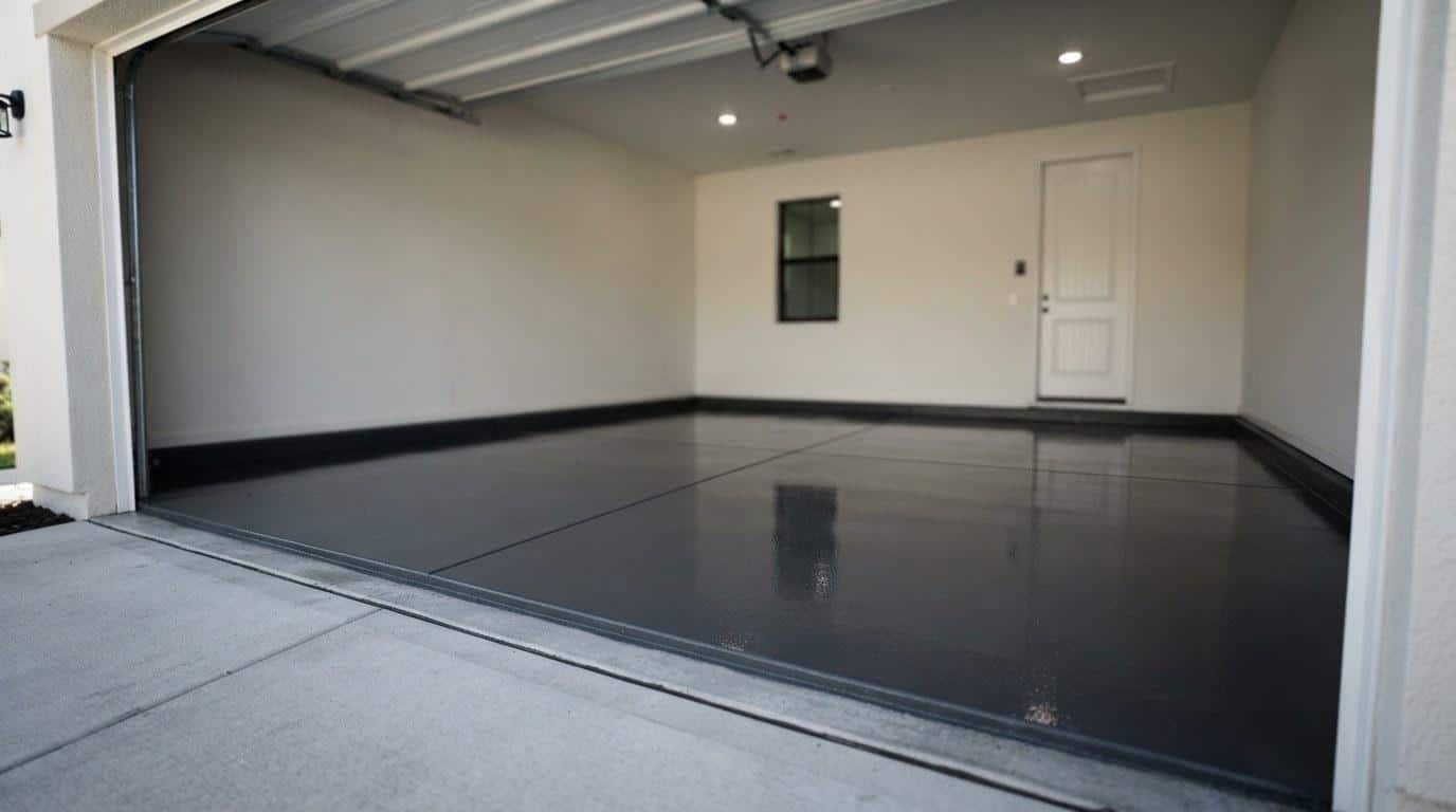 High-gloss solid epoxy garage floor coating on a luxury residential property in Southern California