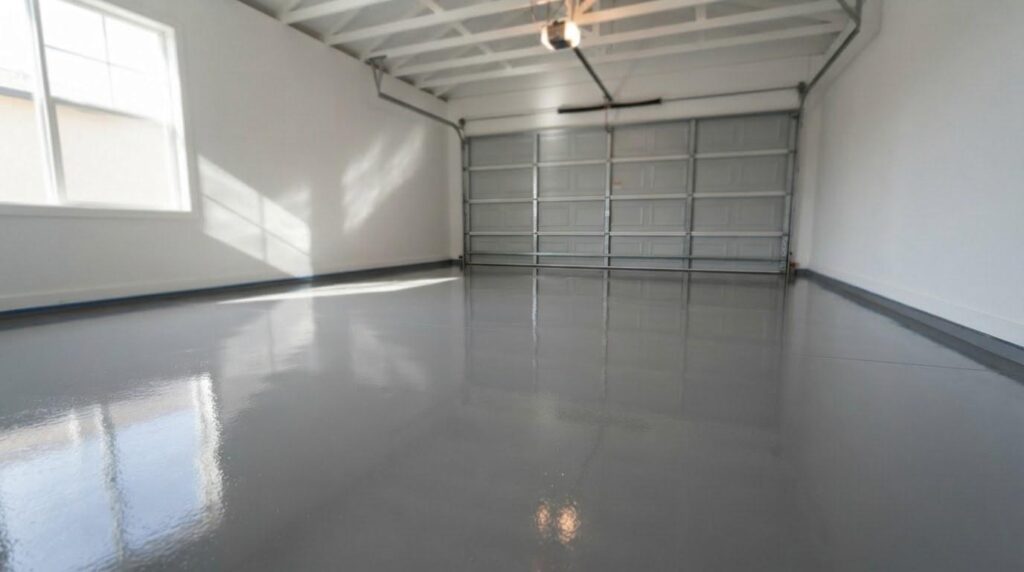High-gloss solid epoxy garage floor coating in a Southern California residential garage