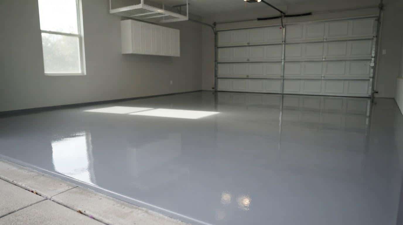 High-gloss solid epoxy garage floor coating in a Southern California residential garage
