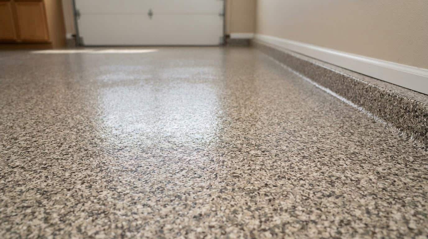 Close-up of decorative vinyl flake epoxy coating surface texture and chip pattern