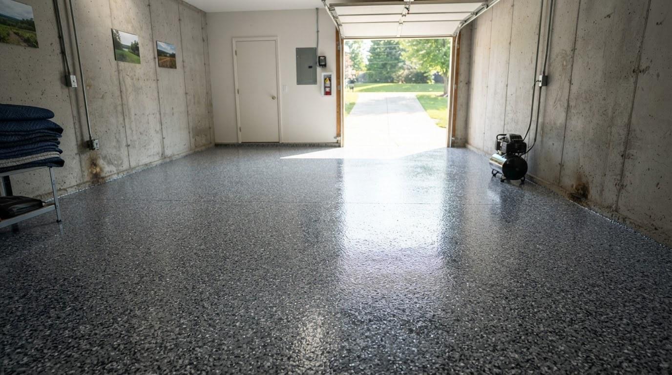 Freshly installed flake epoxy garage floor coating in Southern California