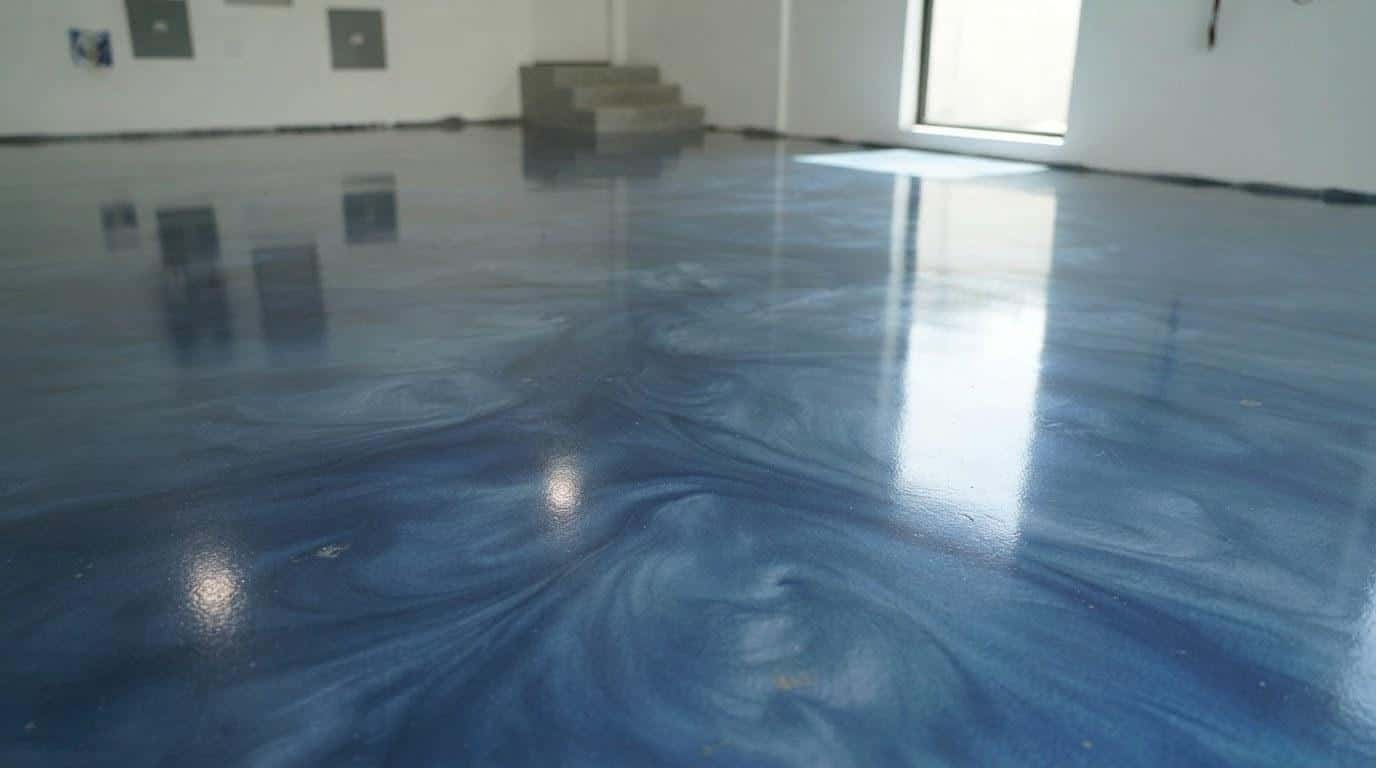 Metallic epoxy floor with swirling blue and silver pigment finish installed in a Southern California home