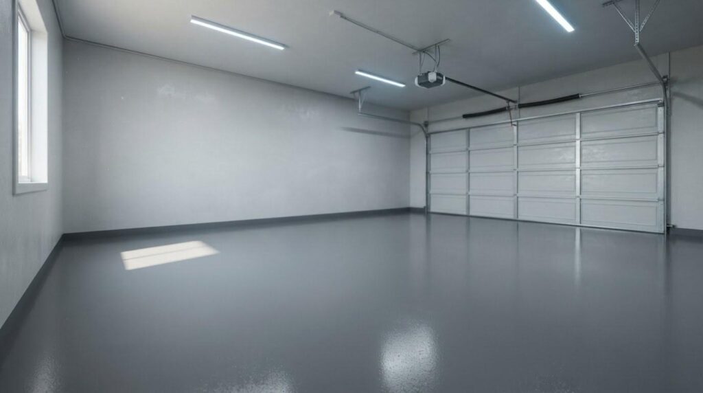 Freshly installed solid-color residential epoxy floor coating in a Los Angeles garage