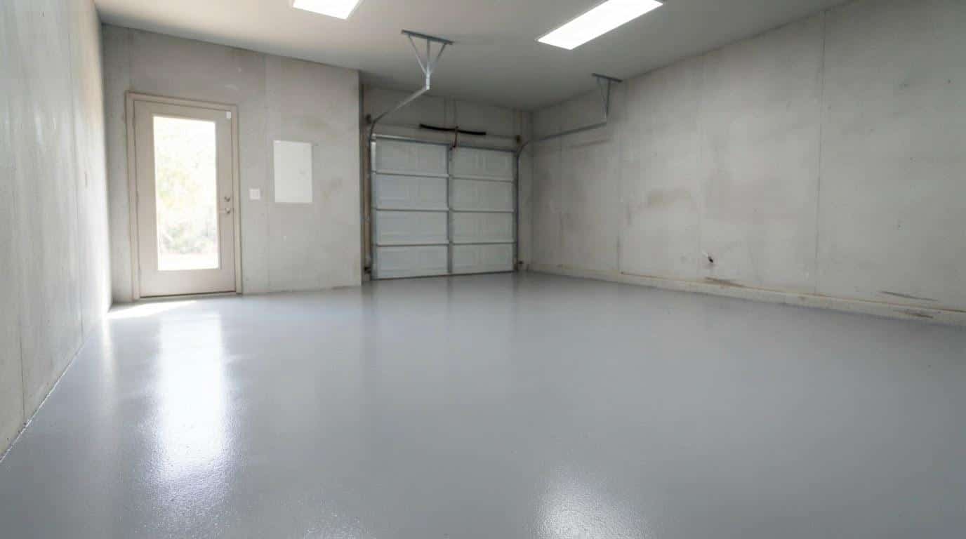 Freshly installed solid-color residential epoxy floor coating in a Los Angeles garage